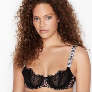 Victoria's Secret Wicked Very Sexy  Unlined Black and Leopard Lace Shine Bra 36d